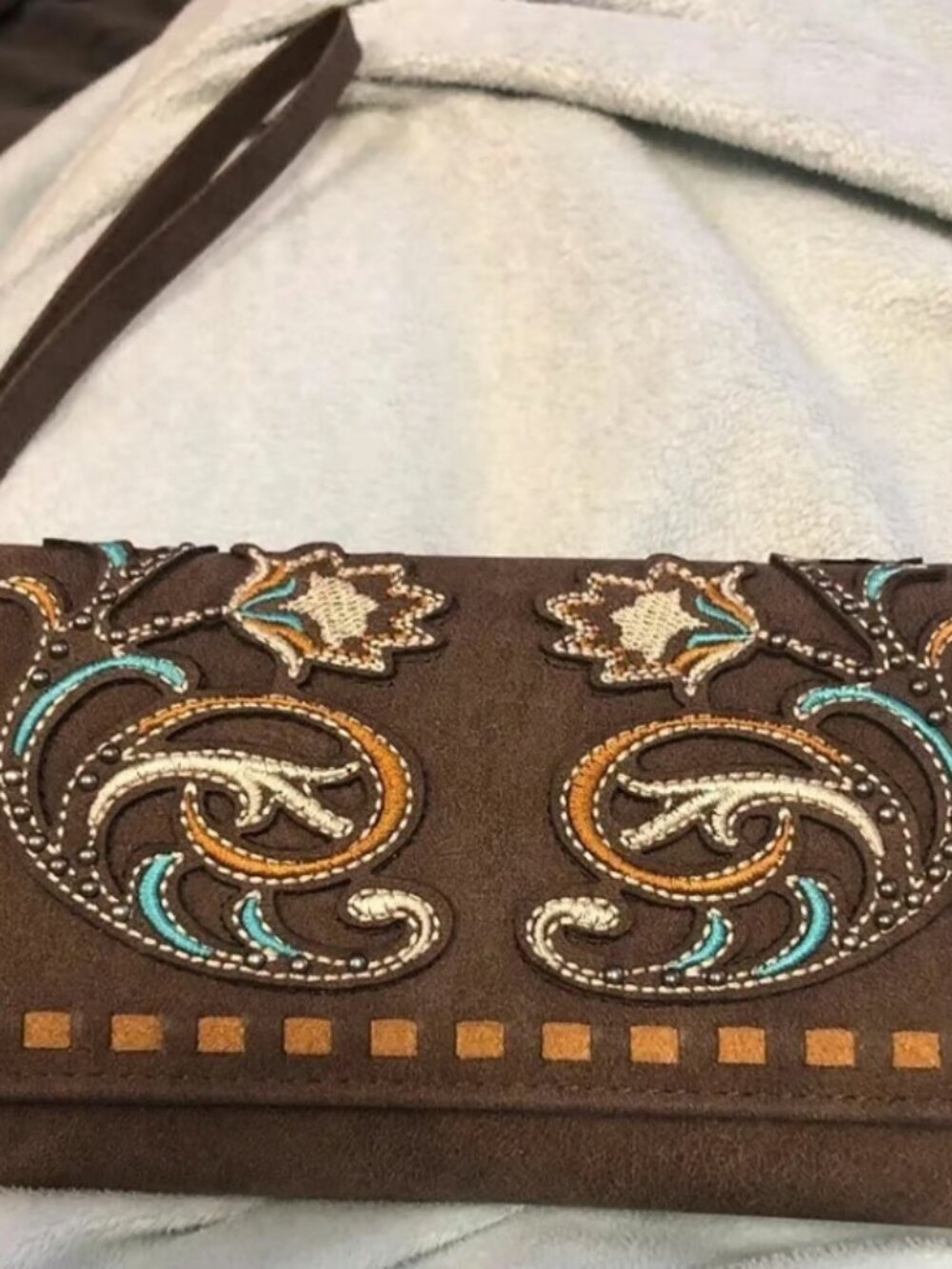 Montana West Brown Suede Embroidered Wristlet Clutch